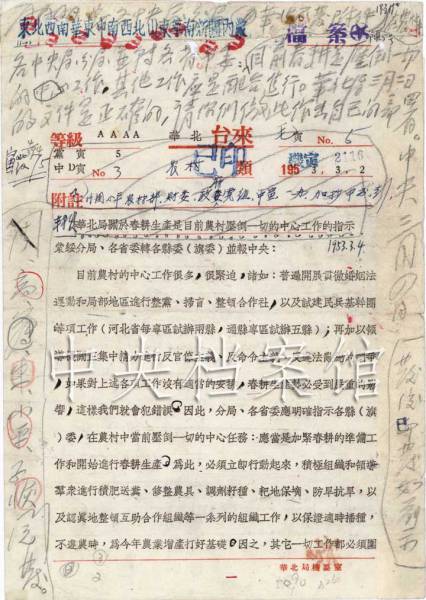 1953年3月4日：毛泽东起草的中共中央转发华北局关于春耕生产指示的批语